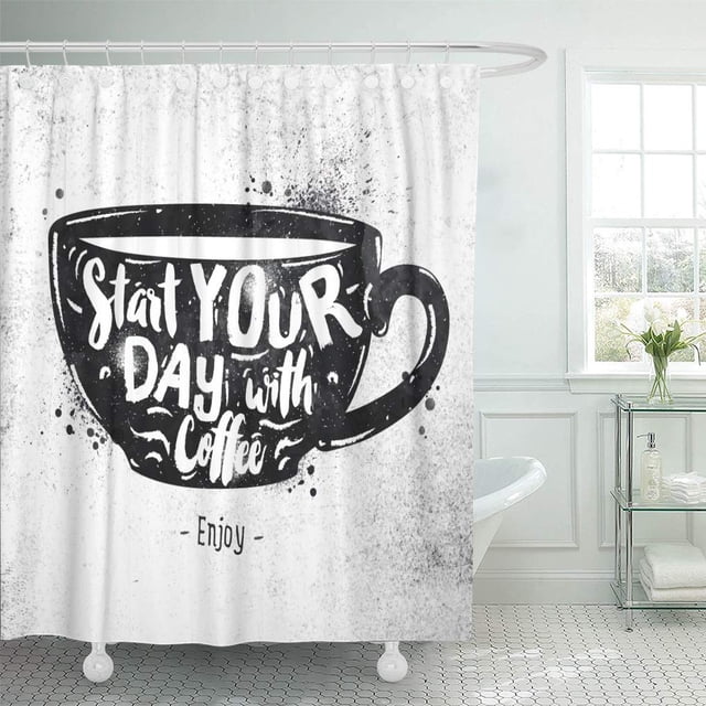 ABPHQTO Hipster Cup Lettering Start Your Day Coffee Drawing Cortina de ducha negra 150x180 cm