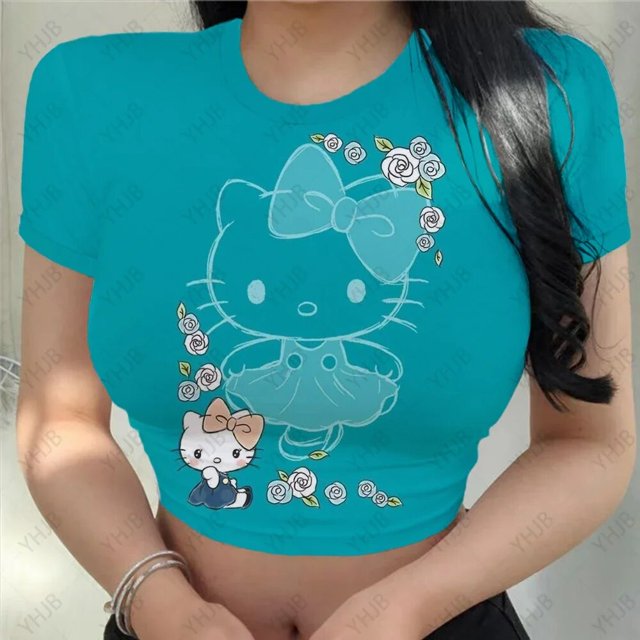RWJDXD Chemises Décontractées d'Été pour Femmes Mode Urbaine Manches Courtes Crop Tops Imprimé Chat Hello Kitty Col Rond Ajusté T-Shirts