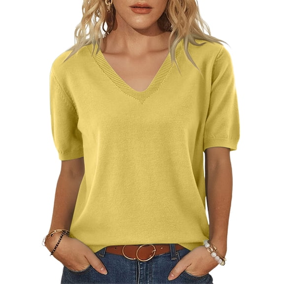 ASDFVBKG Women's V Neck Short Sleeves Sweaters Soft Lightweight Knit Sweater Blouse Yellow L