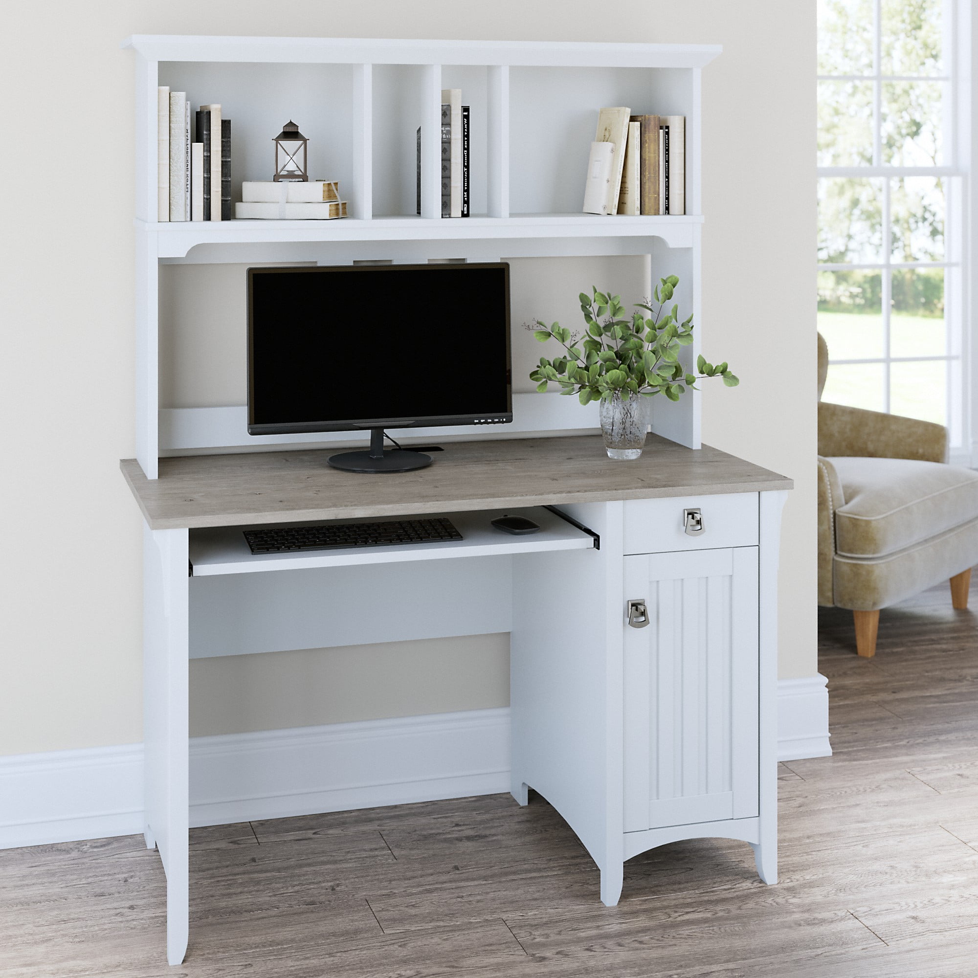 Bush Furniture Salinas 48” Computer Desk & Hutch with Storage, Shiplap Gray & White