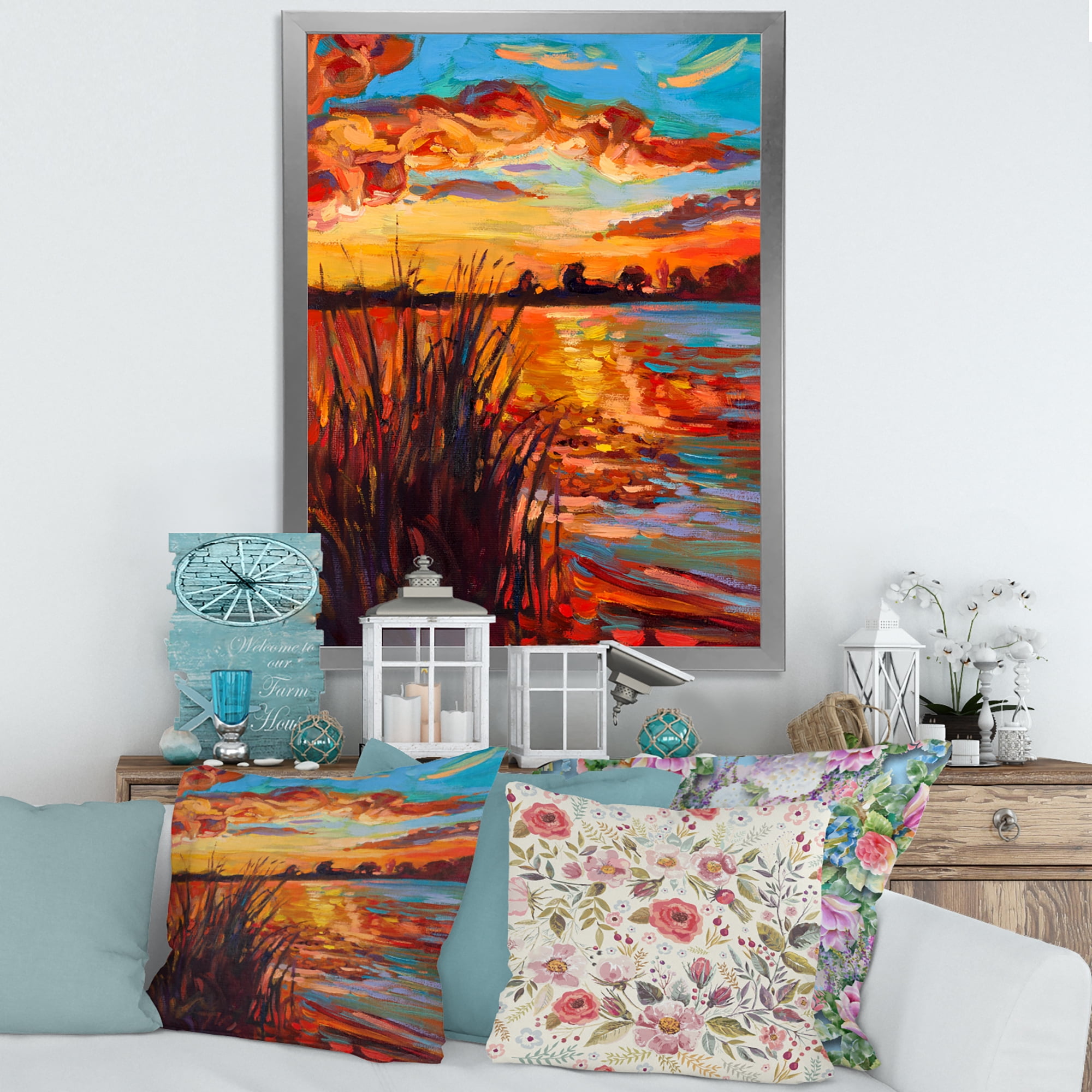 Designart 'The Lake At Sunset Evening Glow I' Nautical & Coastal Framed Art Print