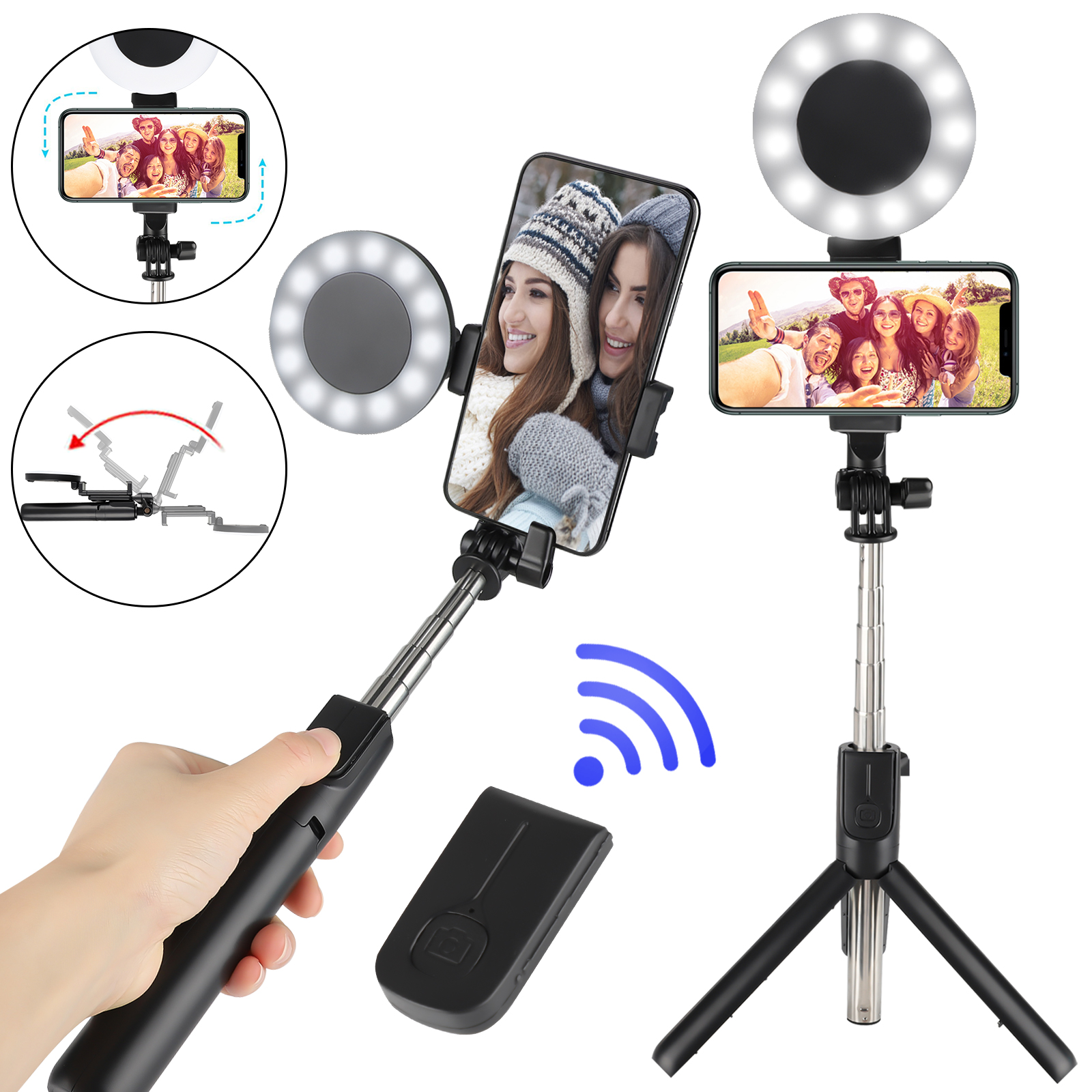Selfie Stick Tripod with Ring Light & Removable Wireless Bluetooth