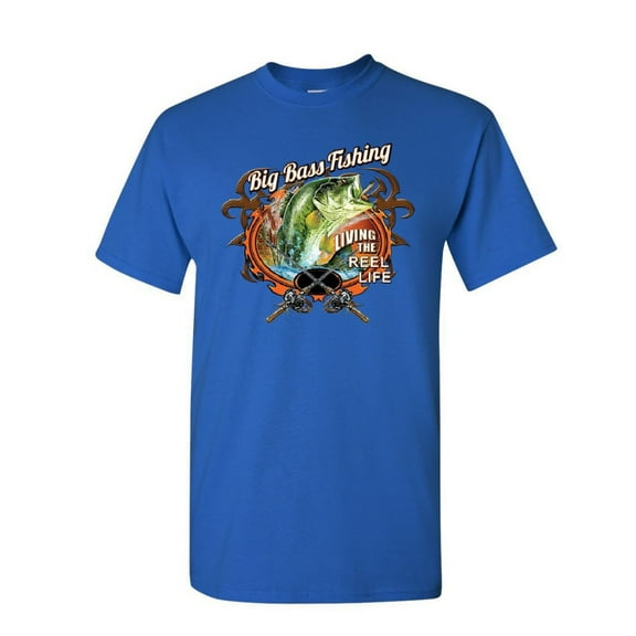 Tee Hunt Big Bass Fishing T-Shirt Living The Reel Life Fisherman Spinning Mens Shirt