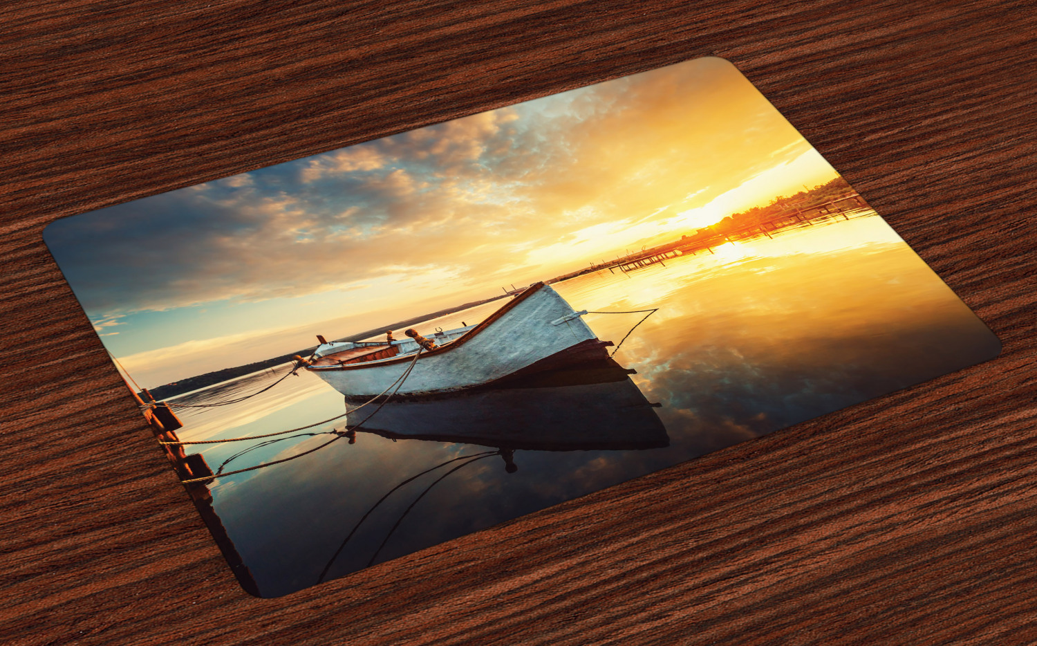Lake House Placemats Set of 4 Small Boat on the Water with Horizon and