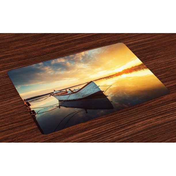 Lake House Placemats Set of 4 Small Boat on the Water with Horizon and