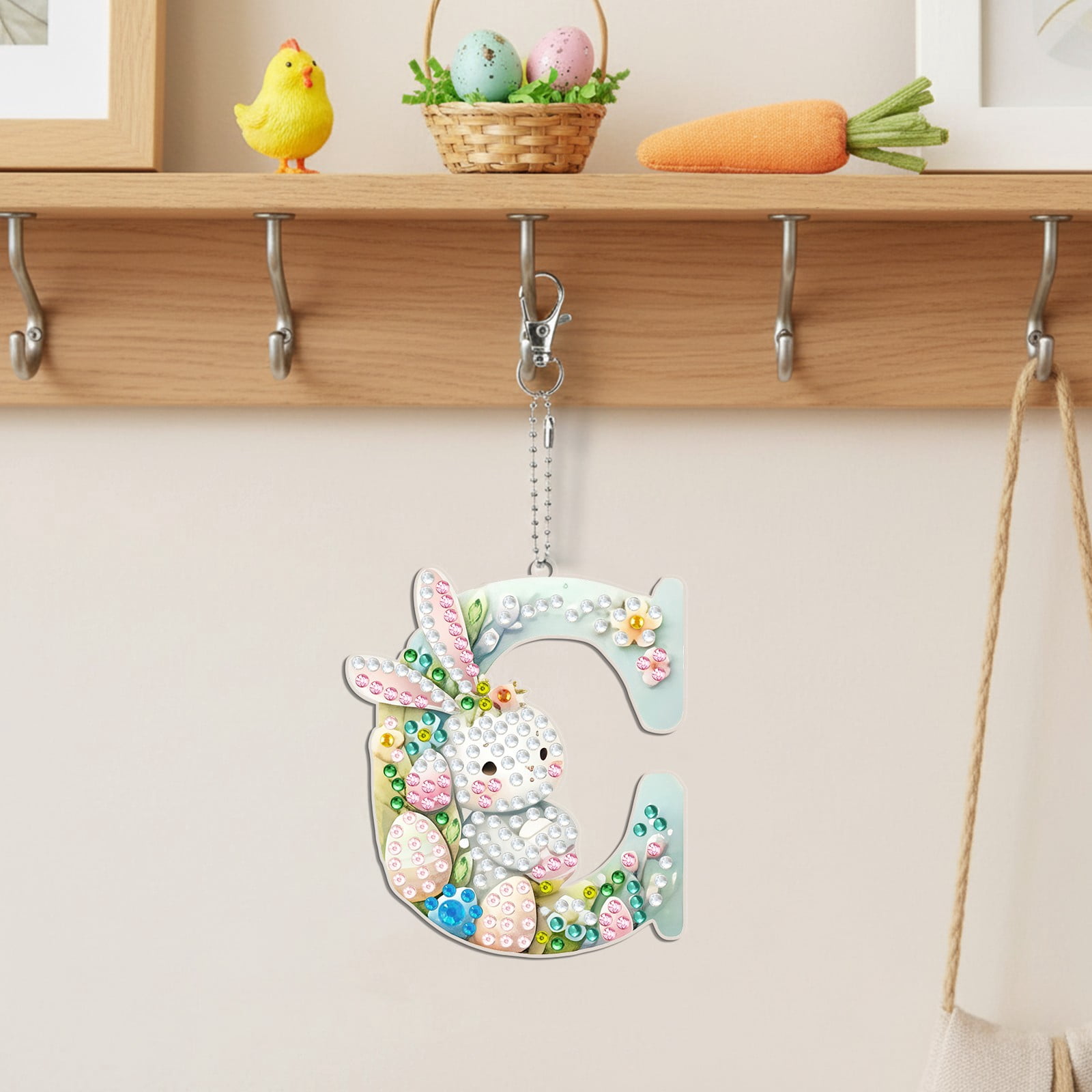 FLOPESN DIY Diamond Art Painting Easter Bunny Egg Letters Acrylic Keychain,Creative Design Double-Sided Diamond Craft For a gift to Friend Family-C