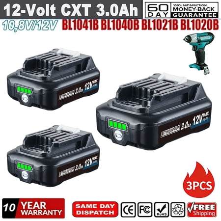3Pcs 12V 3.0Ah Battery BL1021B Replace for Mutian 12V CXT BL1020B BL1040B BL1041B Compatible with Maktia DF031D DF0331D HP332D JR103D JR105D