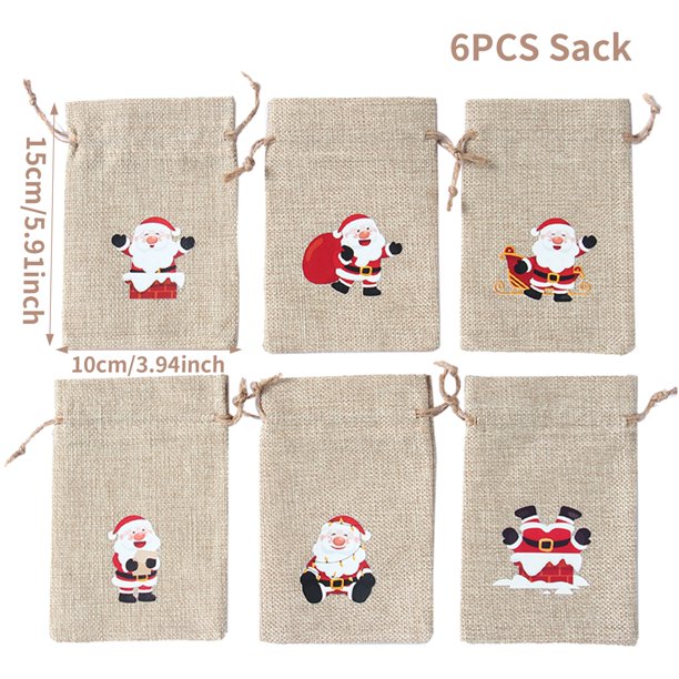 6 piezas de cascabeles de Papá Noel con forma de alce y cordón de oso pequeño, bolsa de yute natural, bolsa de regalo de lino y algodón de 10 x 15 cm, bolsa de regalo con estampado navideño
