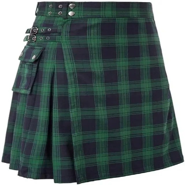 Men's Cotton Utility Kilt With Box Pleats Tartan Design Adjustable Waist Deep Pockets