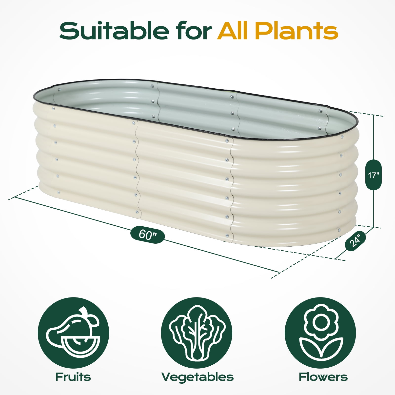 Aoodor 4-in-1 Modular Metal Raised Garden Bed, 60"L x 24"W x 17"H Outdoor Planter Box for Vegetables, Flowers, Herbs, Beige