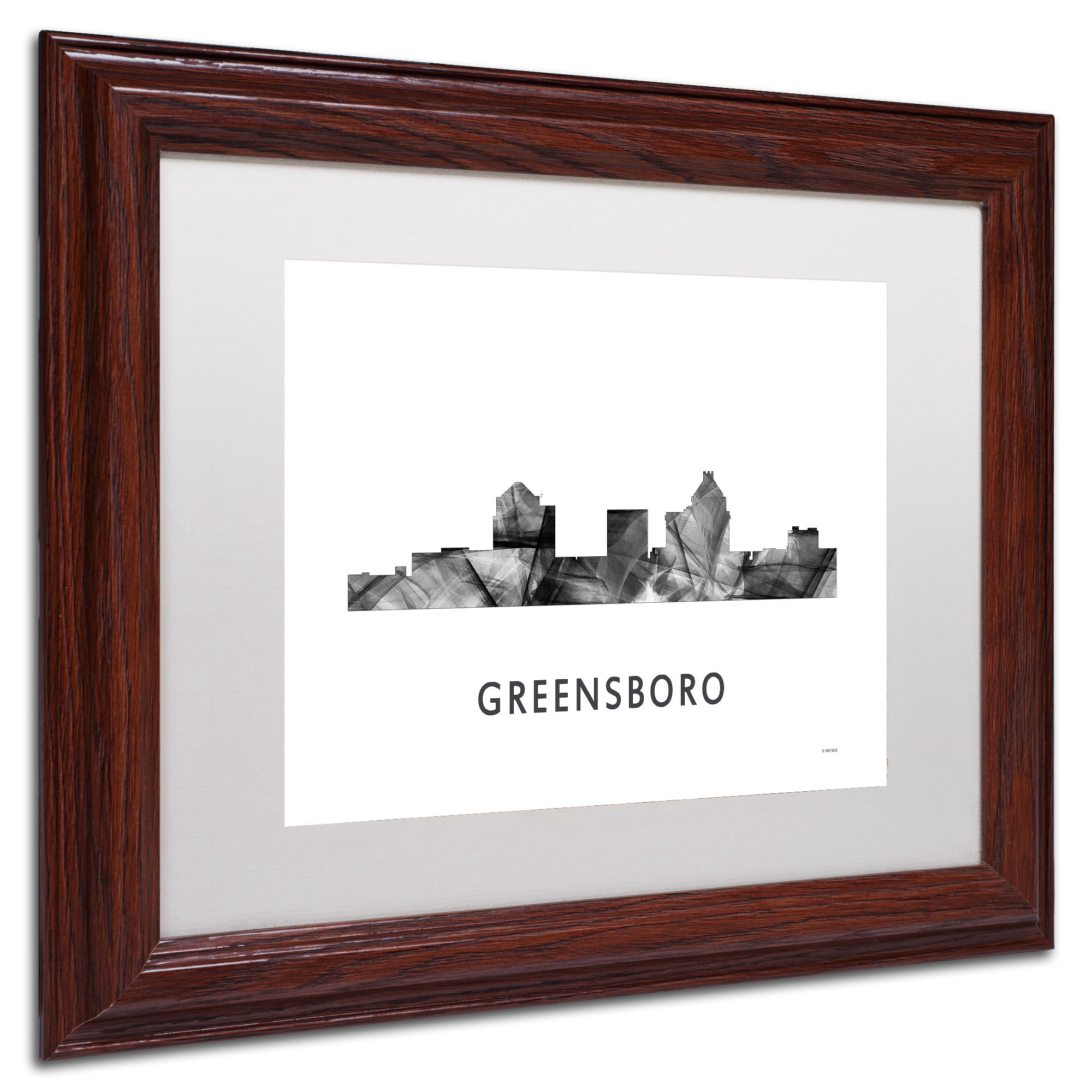 Trademark Fine Art 'Greensboro NC Skyline WB-BW' Canvas Art by Marlene Watson, White Matte, Wood Frame