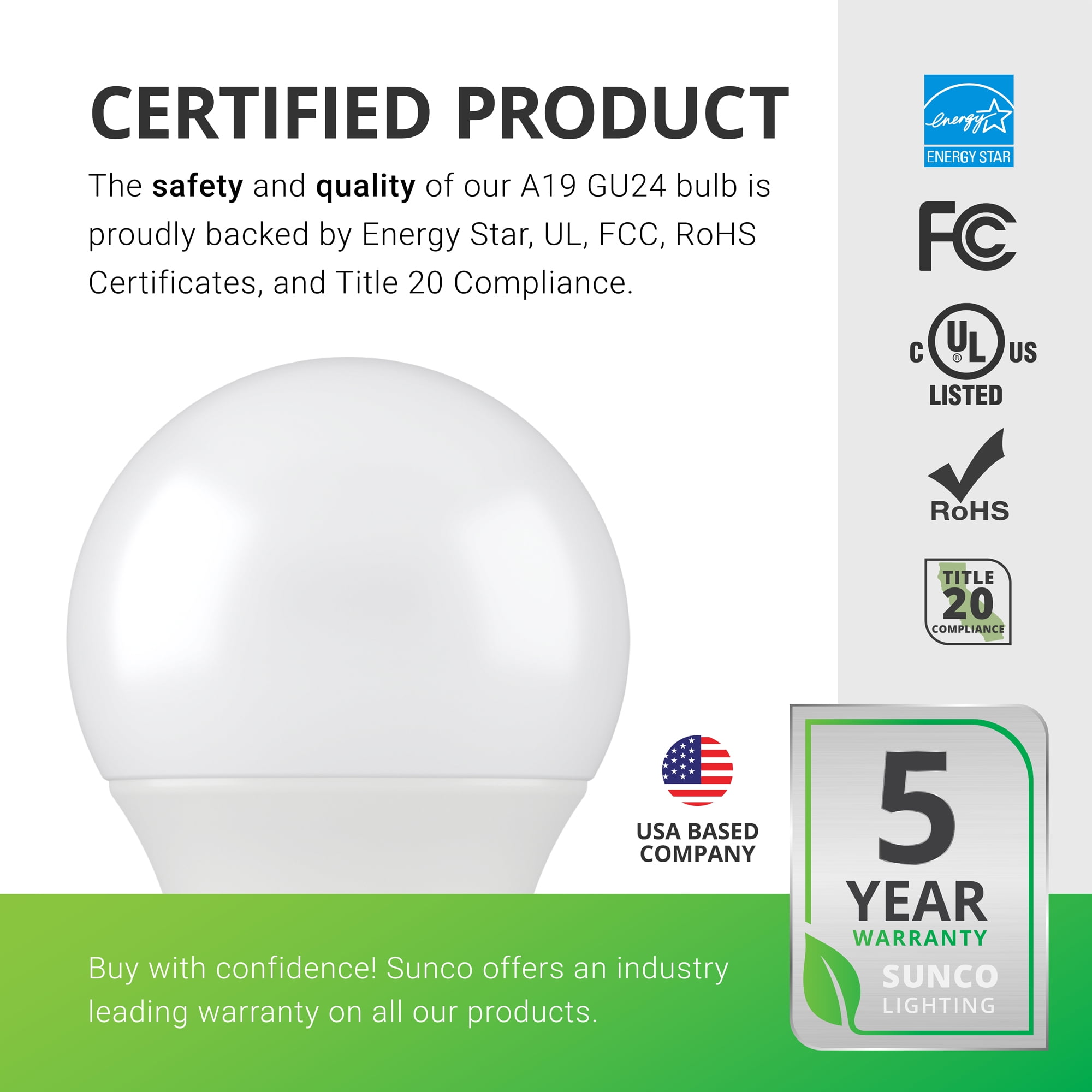 Sunco 6 Pack A19 LED Bulb, 9W=60W CFL Replacement, 2700K Daylight, 800 LM, Dimmable, Twist and Lock GU24 Pin Base, Indoor Light - UL