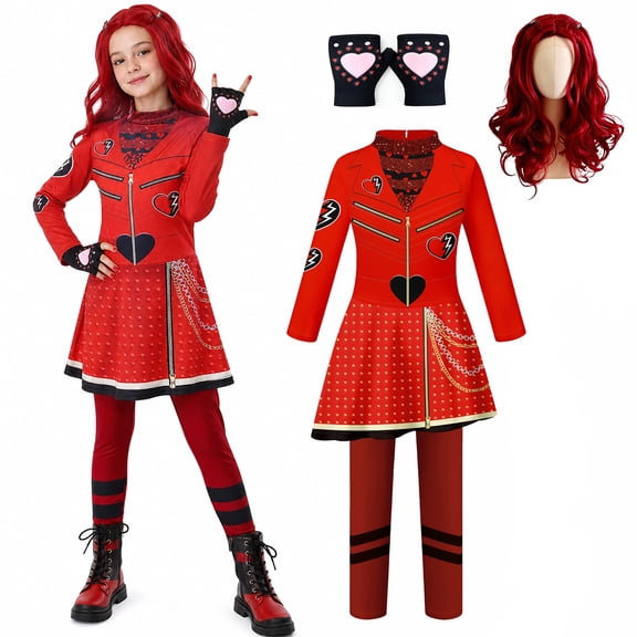 Red Queen Cosplay Costume, Halloween Costume with Jumpsuit, Wig and Gloves, Heart Detail Outfit for Halloween Party and Costume Events, 110