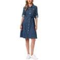thumbnail image 2 of INSPIRE CHIC Denim Dress for Women's Back to School Long Sleeve Button Down A-Line Belted Classic Jean Dresses S Navy Blue, 2 of 6