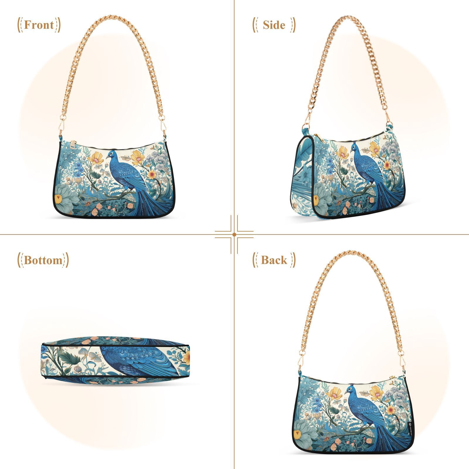 Peacock Floral Flowers LeavesWomen Small Shoulder Bag Crossbody Tote Hobo Bags Purse Clutch Handbags with Chain Strap for Women