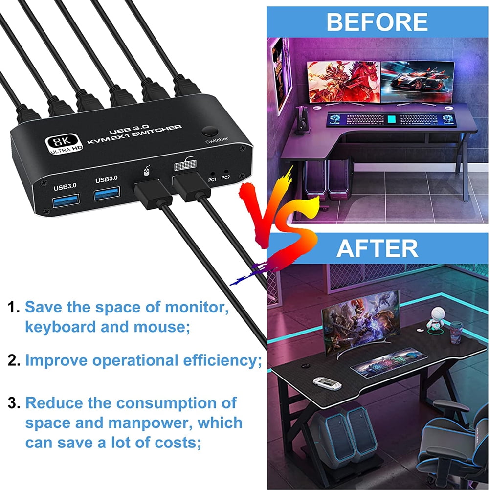 HDMI KVM Switch,AUBEAMTO 8K USB Switch 2x1 HDMI2.1 Ports + 4X USB3.0 KVM Ports, Share 2 Computers one Monitor Switch,Supports 8K 60Hz,4K 120Hz,YUV 4:4:4, HDCP 2.3, HDR 10, Hotkey