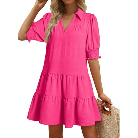 Off The Shoulder Prom Dress  Casual V Neck Puff Short Sleeve Mini Dresses Bag Casual For Women 2025 Petite Dresses Formal Evening Party Black Dresses Funeral Short Dresses (M  Hot Pink) ZMTing