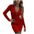 thumbnail image 4 of Pompotops Robe Femme Mode Décontractée Couleur Unie Taille Hanches Col à Revers Fermeture Éclair Manches Longues Col en V en Solde, 4 of 8