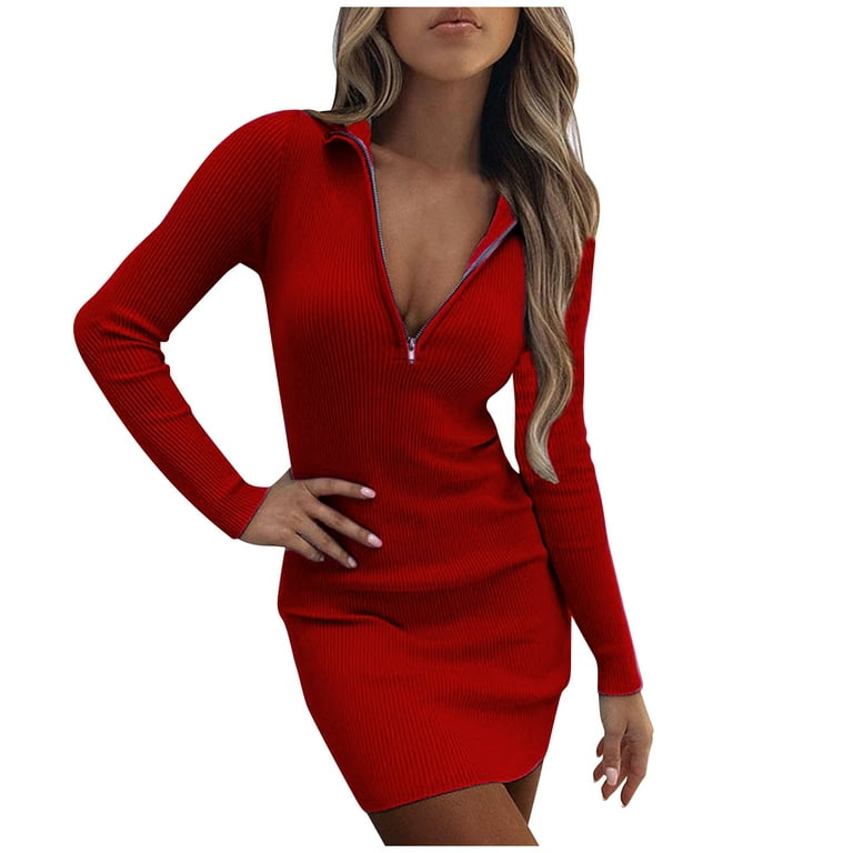 Velvet Long Sleeve Dress for Women Women Fashion Casual Solid Color Waist  Hips Lapel Zipper Long Sleeve V-Neck Dresses Long Sleeve Black Dress Dress  with Long Sleeves 