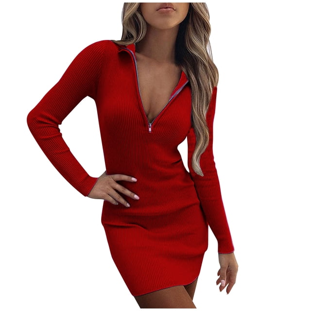 Pompotops Robe Femme Mode Décontractée Couleur Unie Taille Hanches Col à Revers Fermeture Éclair Manches Longues Col en V en Solde