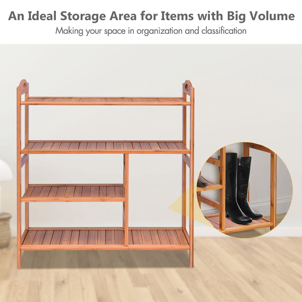4-Tier Bamboo Shoe Rack with Boots Storage, Freestanding Wooden Display Shelf with Handle, Multifunctional Storage Organizer for Bathroom Entryway, Hallway, Living Room Plant Stand