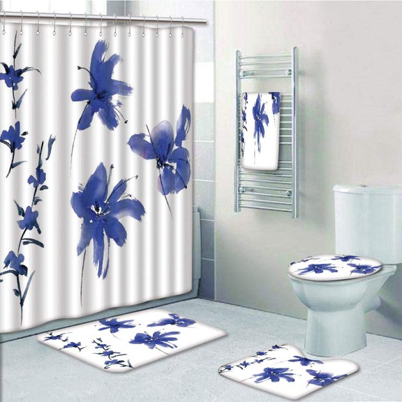 PRTAU Traditional Oriental Ancient Watercolor Inspired Plum Blossom Petals Eastern Dark Violet 5 Piece Bathroom Set Shower Curtain Bath Towel Bath Rug Contour Mat and Toilet Lid Cover