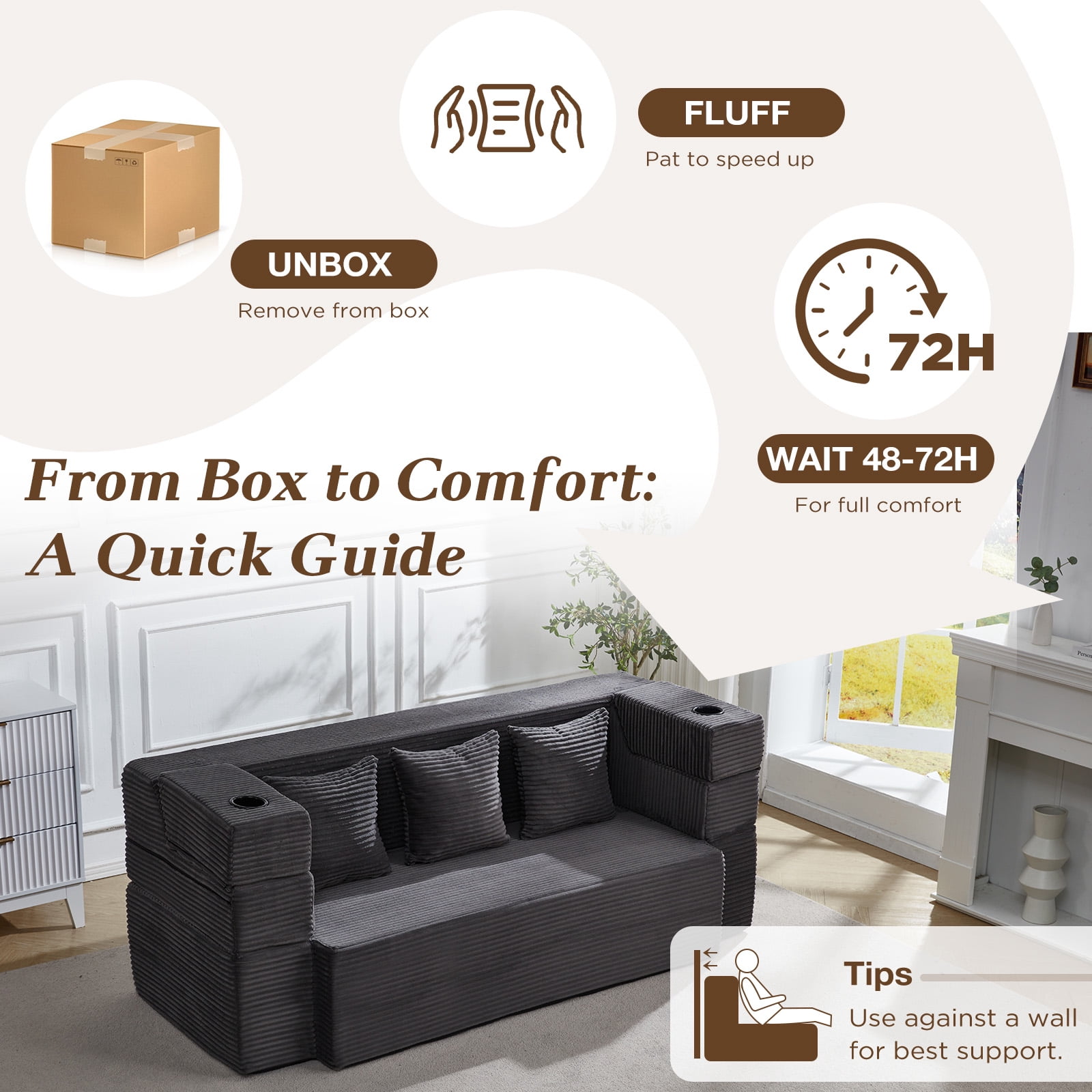 78.7'' Folding Sofa Bed with 2 Ottomans, 3-in-1 Convertible Foam Futon, Flip-Up Armrest with Cup Holder, Oeko-TEX Certified Corduroy, No Assembly Sleeper Couch for Small Space,Dark Grey
