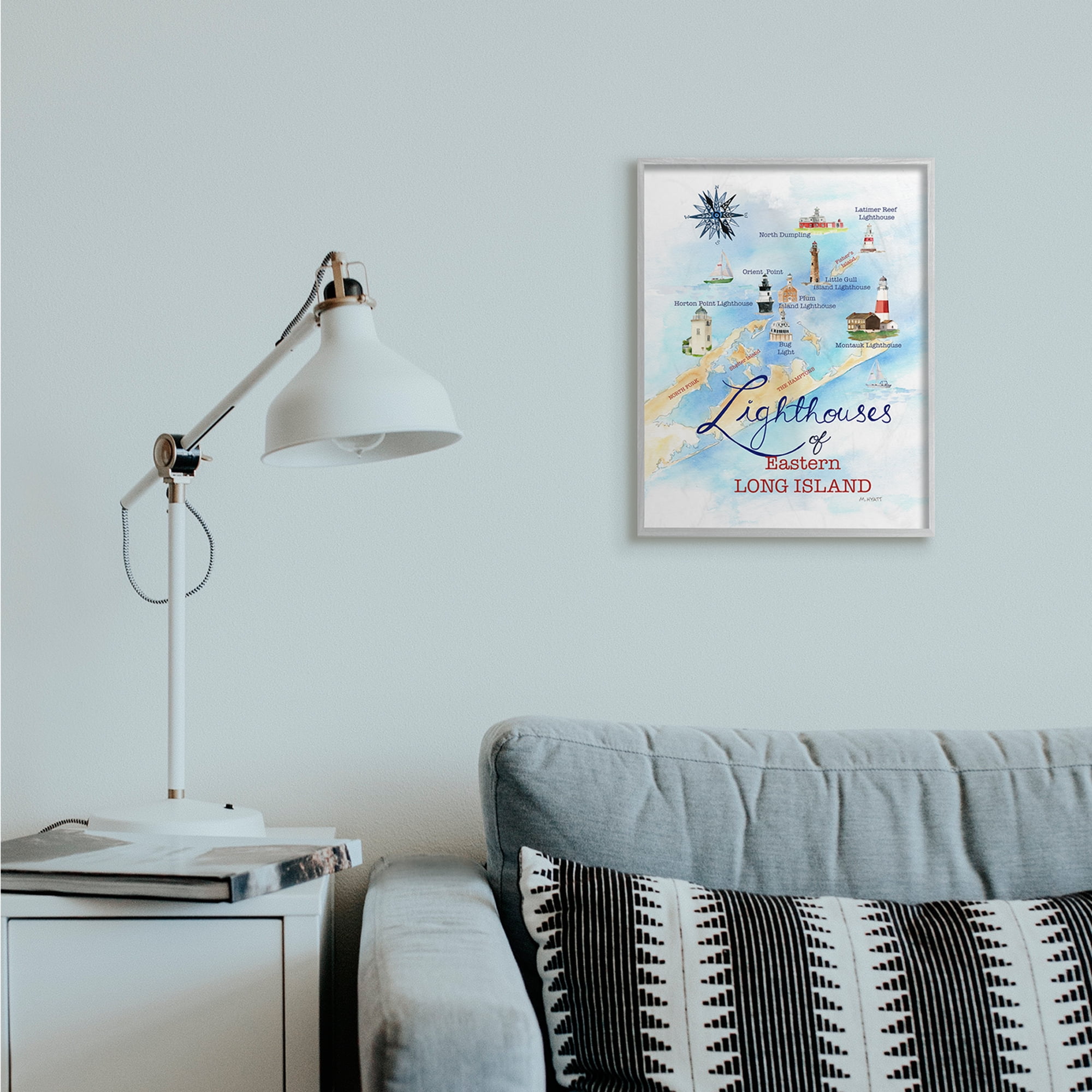 Stupell Industries Nautical Map of Eastern Long Island Lighthouses Grey Framed, 16 x 20, Design by Melissa Hyatt LLC