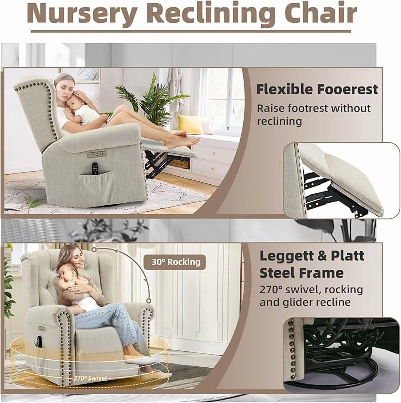 EPICOZY Power Swivel Rocking Glider Recliner Chair with Massage and Heat, Electric Nursery Glider Rocker for Living Room, Wingback Tufted Upholstered Recliner Chair with Type-C & USB Ports, Beige