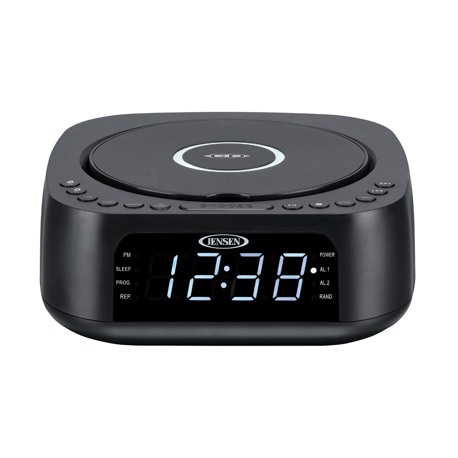 JENSEN Stereo Digital Dual-Alarm Clock with Top-Loading CD Player, FM Tuner, USB Charging Port, and Battery Backup, JCR-375