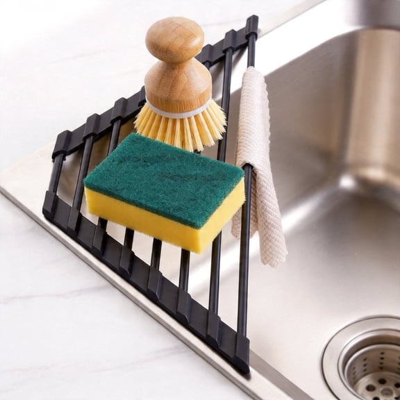 Small Triangle Roll-Up Dish Drying Rack Over the Sink Corner Kitchen Drainer Organizer Stainless Steel with Silicone Coating 1-Piece Universal Fit Black