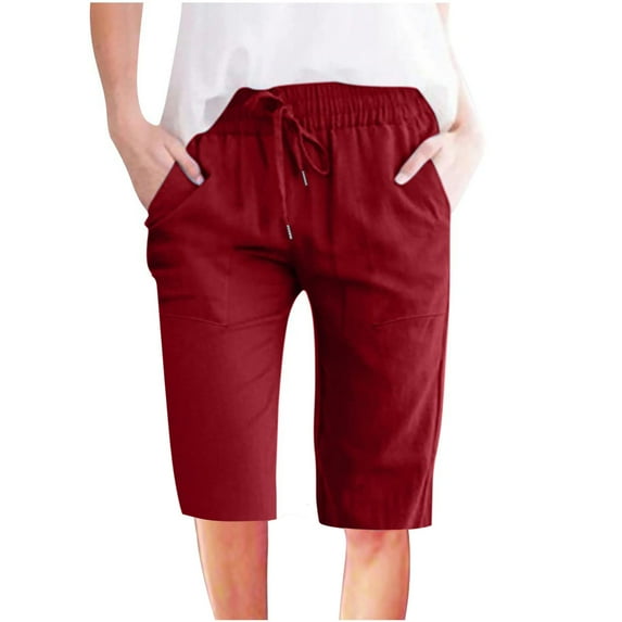Womens Cotton Linen Shorts Elastic Waist Drawstring Straight Leg Knee Length Shorts Casual Lounge Pants with Pockets