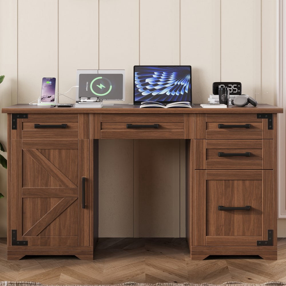 55" Farmhouse Executive Desk with Charging Station & Power Outlet, Computer Desk with 5 Drawers & Cabinet, Rustic Walnut Writing Desk for Home Office, Walnut