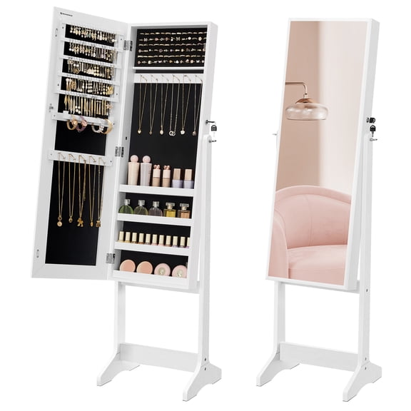 Jewelry Armoire Cabinet With Full-Length Mirror, Lockable Organizer, White & Black, Gift Idea