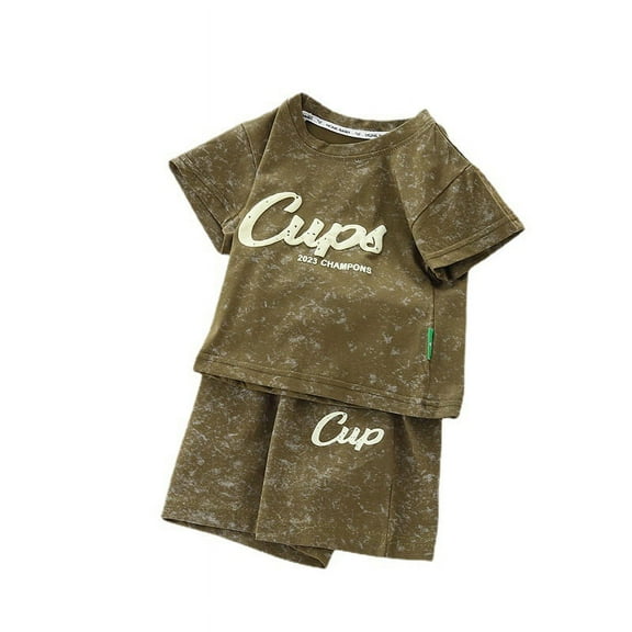 Summer Boys' New Cup Round Neck Short Sleeve Set Summer Men's Treasure Fashion Tie Dye Casual Two Piece Set