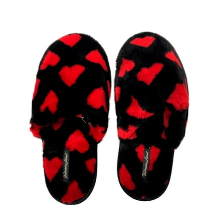 

Victoria s Secret Soft Plush Closed Toe Faux Fur Black Red Hearts Slippers Size Medium (7/8) New