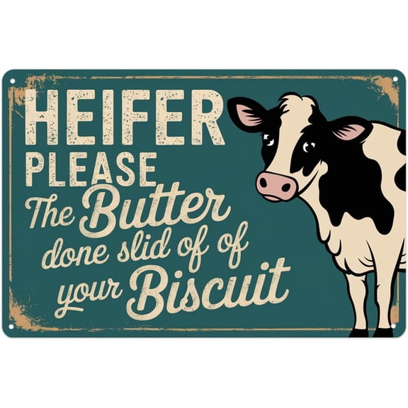 Funny Cow Heifer Vintage Farm Animal Metal Tin Sign, Easy to Hang, 8 x 12 Inch, Indoor Outdoor Farmhouse Kitchen Wall Decor