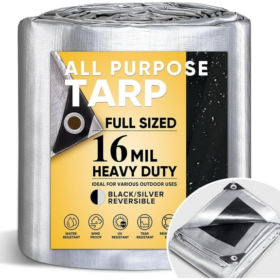 GZBtech 16Mil Heavy Duty Tarp 8x10FT, Waterproof Thick Plastic Ground Cover for Outdoor Patio Garden Yard Use, UV Resistant Poly Tarps for Trailer Car Truck Bike Pool Firewood Silver&Black
