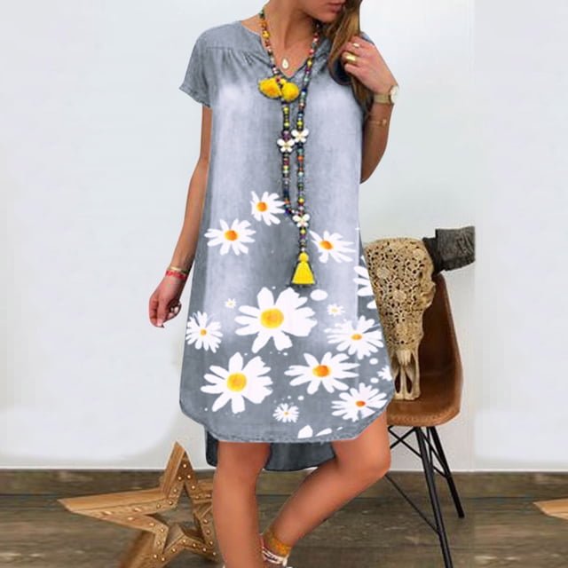 SMihono Robe Bohème d'Été pour Femmes Grande Taille Robe pour Femmes Grande Taille à Manches Courtes à Col en V Robe à Imprimé Imitation Denim Robe à Manches Courtes à Col en V