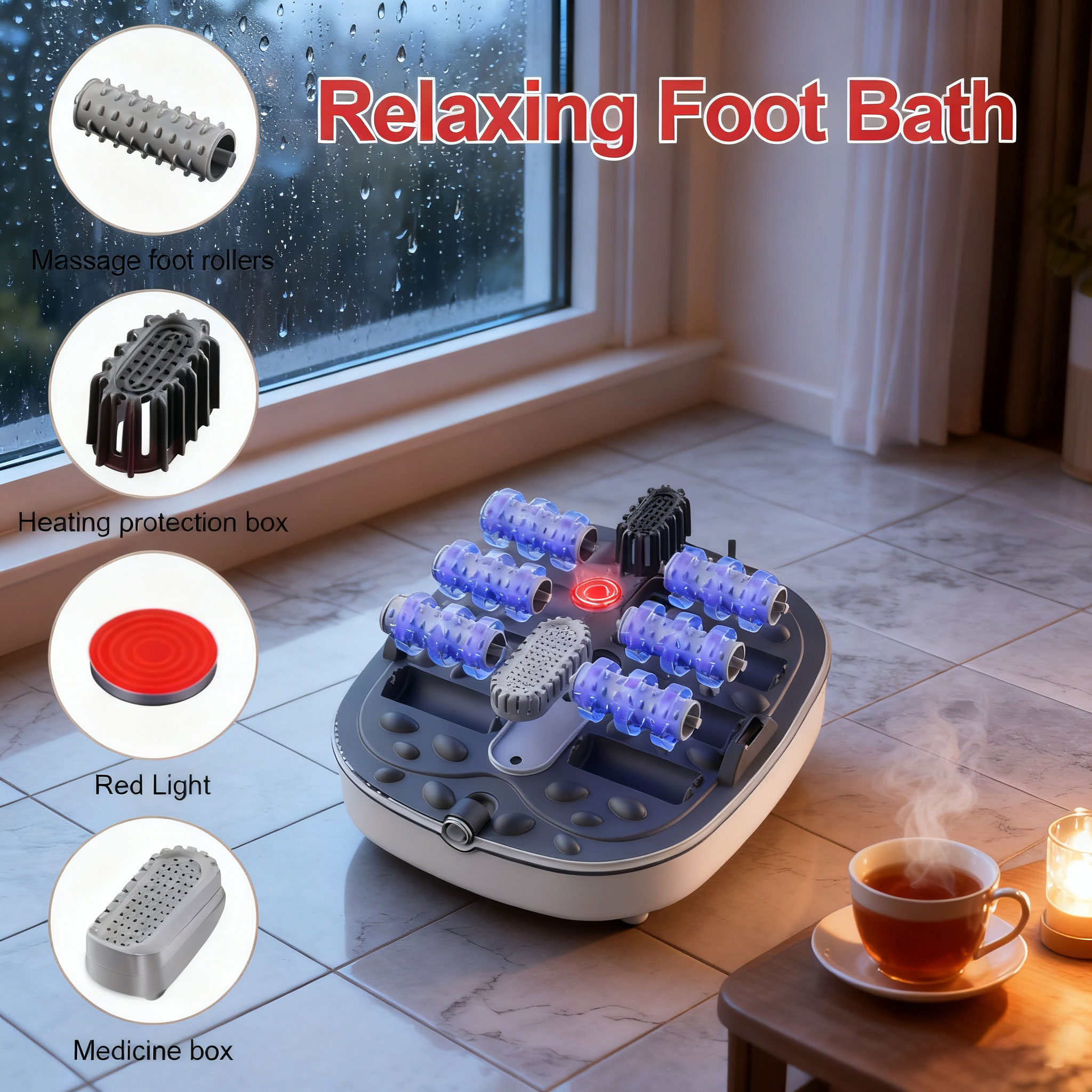 Gehana Foot Spa Massager with Heat, Red Light Therapy & Bubble Jets - Digital Display Foot Bath with Roller Massage for Stress Relief, Collapsible Design for Home Use