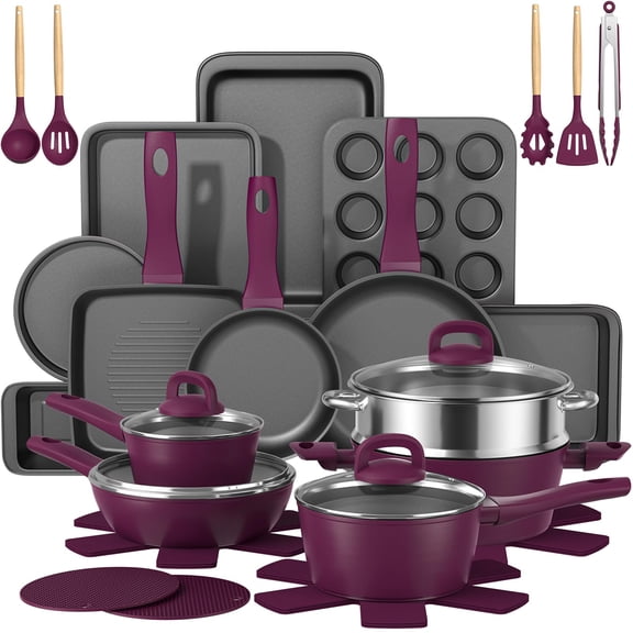 Purple Umite Chef 31-Piece Nonstick Cookware Set with Bakeware, Pots