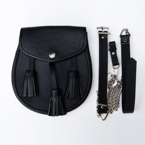 Black or Brown Plain Leather Sporran Plaited Front With 3 Knotted Tassels
