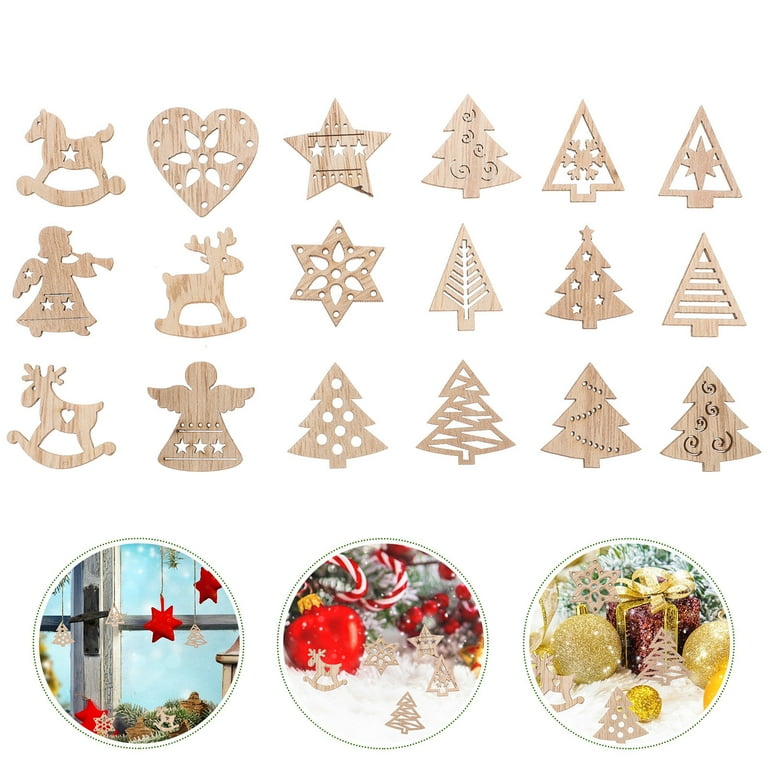 54pcs Unfinished Wooden Ornaments Christmas DIY Small Wood Blank Cutouts 