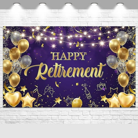 Happy Retirement Backdrop Purple and Gold Happy Retirement Sign Banner Photo Background with Rope for Retirement Party Decorations