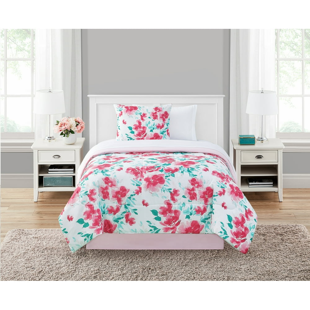 Mainstays Mint Floral 6Piece Bed in a Bag Bedding Set with BONUS Sheet Set, Twin/Twin XL
