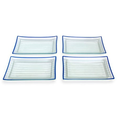 Dinner Plate Chip (GAC Rectangular Tempered Glass Dinner Plate Set With Blue Trim, Service for 4, Break and Chip Resistant - Microwave and Oven Safe - Dishwasher Safe - Decorative Serving)