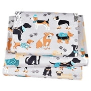 J-pinno Dogs Puppy Cute Cartoon Cozy Twin Sheet Set for Kids Girl Boys Children Bedroom Decoration, 100% Cotton, Flat Sheet + Fitted Sheet + Pillowcase Bedding Set