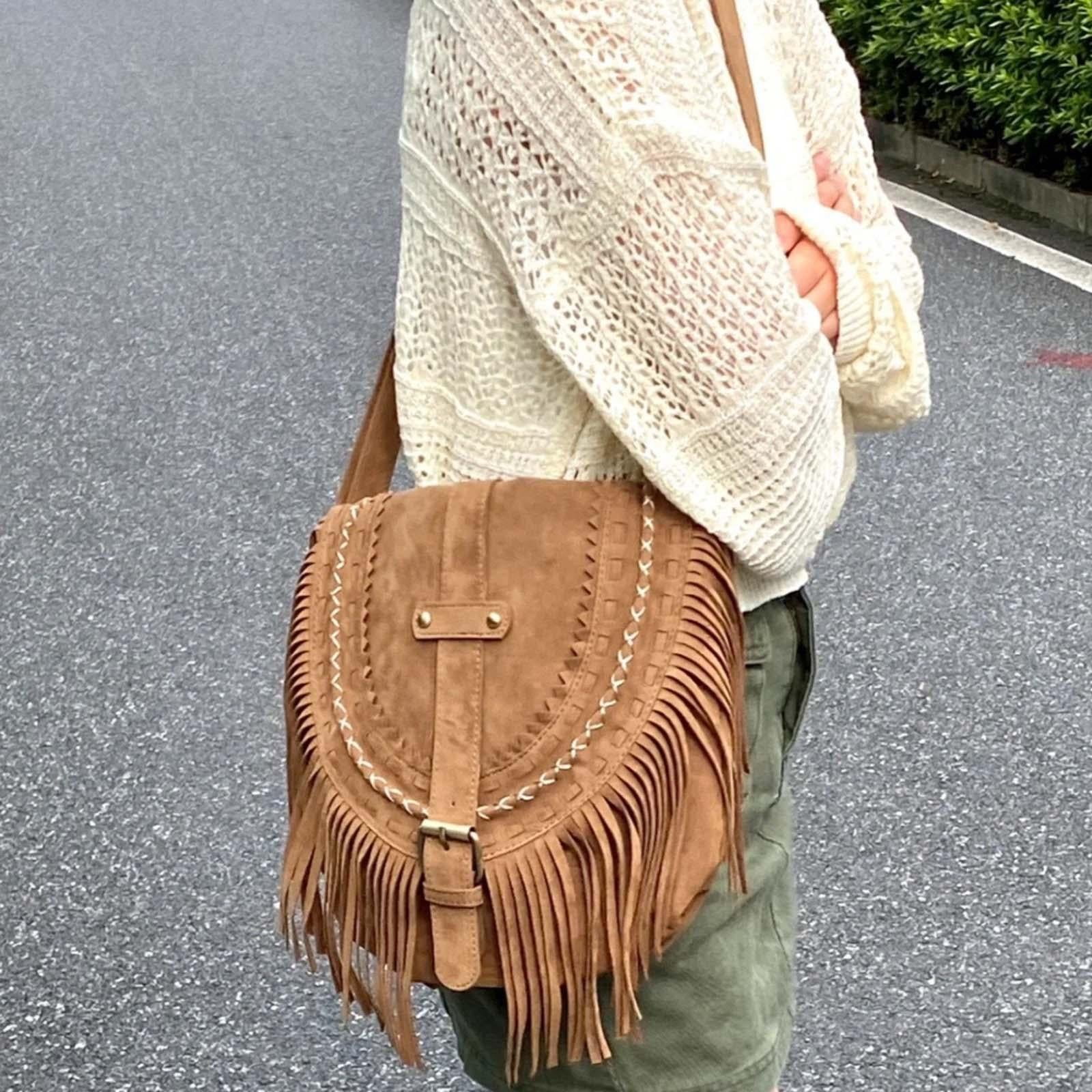 Colaxi Handmade Faux Suede Shoulder Bag Tassel Adjustable Shoulder Strap Boho Retro Saddle Bag Satchel Fashion Purse For Women Ladies Casual Beach Bro