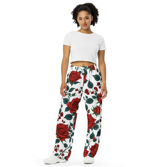 Red Rose Pattern Wide Leg Lounge Pants