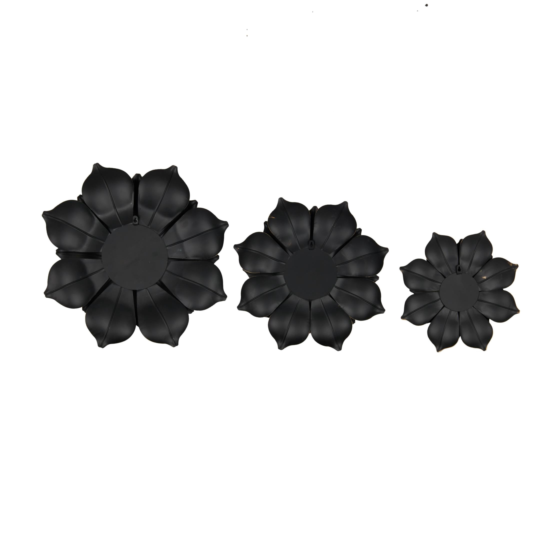 DecMode Black Metal 3D Floral Wall Decor with Gold Center (3 Count)